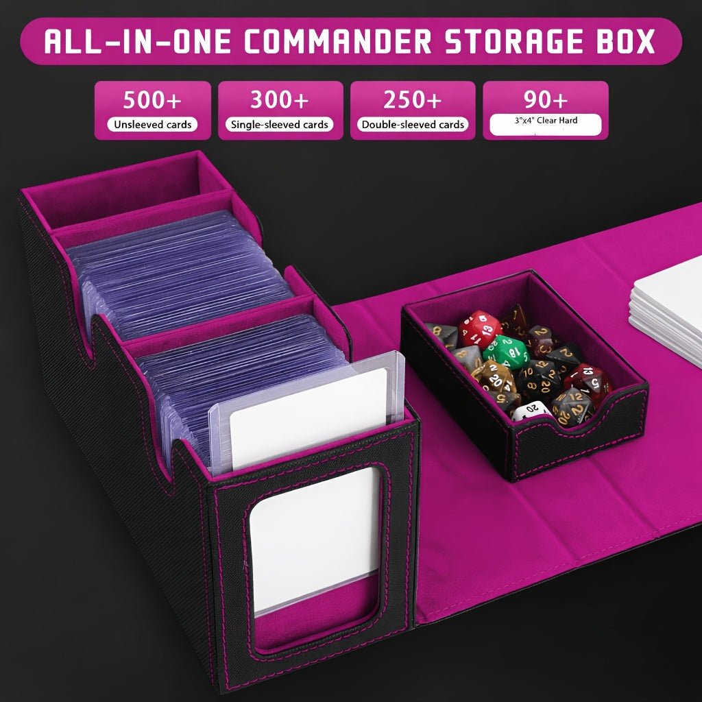 Trading Card Storage Box With Commander Display, Holds 300+ Single-Sleeved Cards, Double Deck Case For TCG, CCG Includes Dice Tray, 5 Dividers & 1 Hard Sleeve