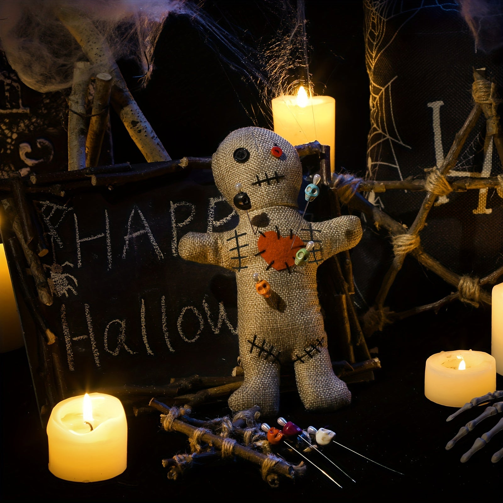 8pcs Voodoo Doll Set Include Horror Doll, 7pcs Skull Pins Ghost Doll Soft Revenge Dammit Creepy Dolls Pin Holder Voodoo Resin Metal Straight Pins Stress Relieving (Flaxen)