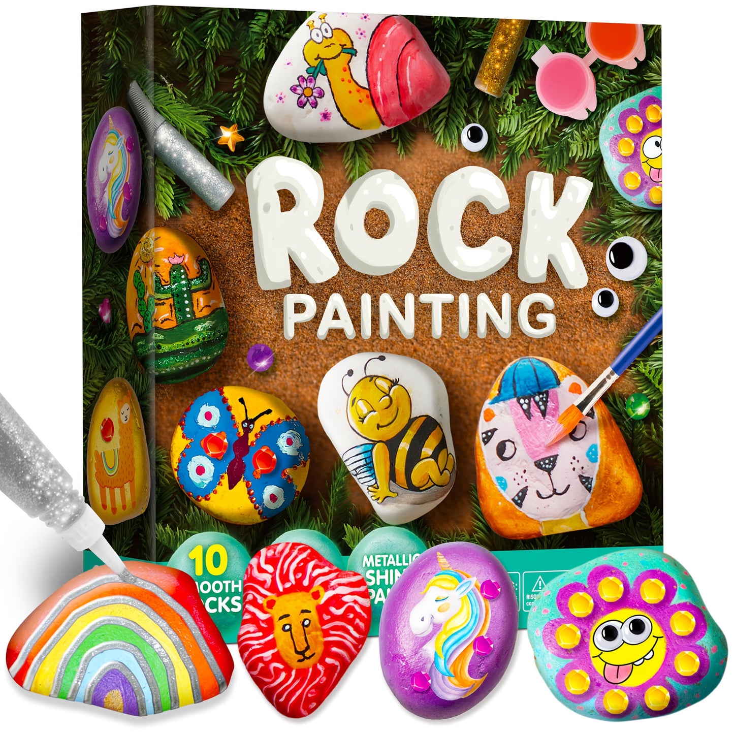 [Easter Christmas Birthday] 10pcs Rocks Painting Kit for Kids, Arts and Crafts for Girls & Boys Ages 6+, DIY Supplies for Painting Rocks, Easter Craft Kits Art Set, Children Birthday Christmas Presents, Family Indoor Activity