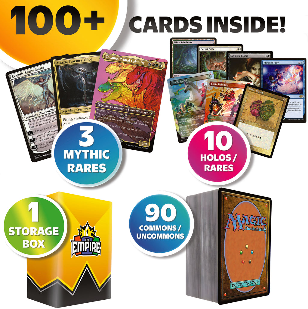100 Magic: The Gathering Cards | MTG Starter & Collector Box | 3 Mythic Rares + 10 Rares or Foils Included! | Perfect Gift for Players & Collectors!