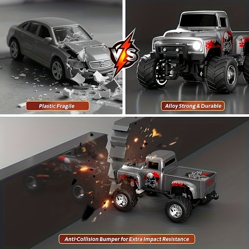 Mini Remote-Controlled Alloy Off-Road Truck, 1:64 Scale Monster Truck Toy, 2.4GHz Wireless, High-Speed Off-Road Crawler, LED Lighting, White Headlights with Red Taillights, Street Graffiti Design Featuring Cool Spray-painted Patterns, Alloy Body