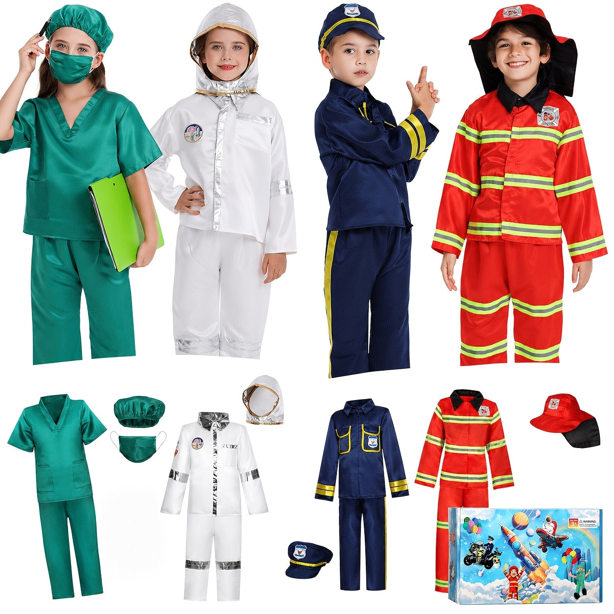 Kids Firefighter, Police, Astronaut, Doctor Cosplay Role Play Toys Costumes Dress Up Clothes Boys Dress Up Costumes For Play Kids Day Christmas Birthday Gift For Boys Girls Age 3-6 Years