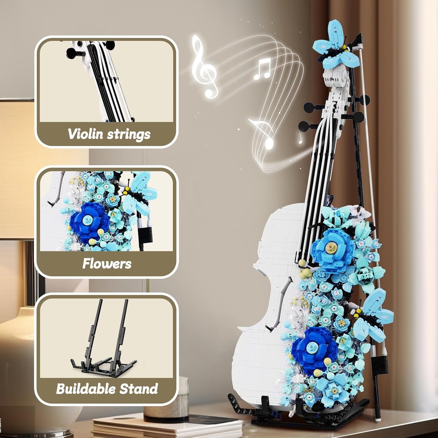 Flower Violin Building Blocks Sets for Adults - 3D Musical Instrument Model, Building Brick Set for Home Decor in The Living Room, Bedroom, Or Office - an Ideal Birthday, Christmas, Or Father'S Day Gift! 1419+PCS