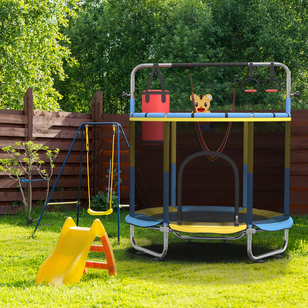 1pc Indoor And Outdoor Trampoline with Gymnastics Bar And Toys, 60" Height Adjustable Trampoline with Enclosure