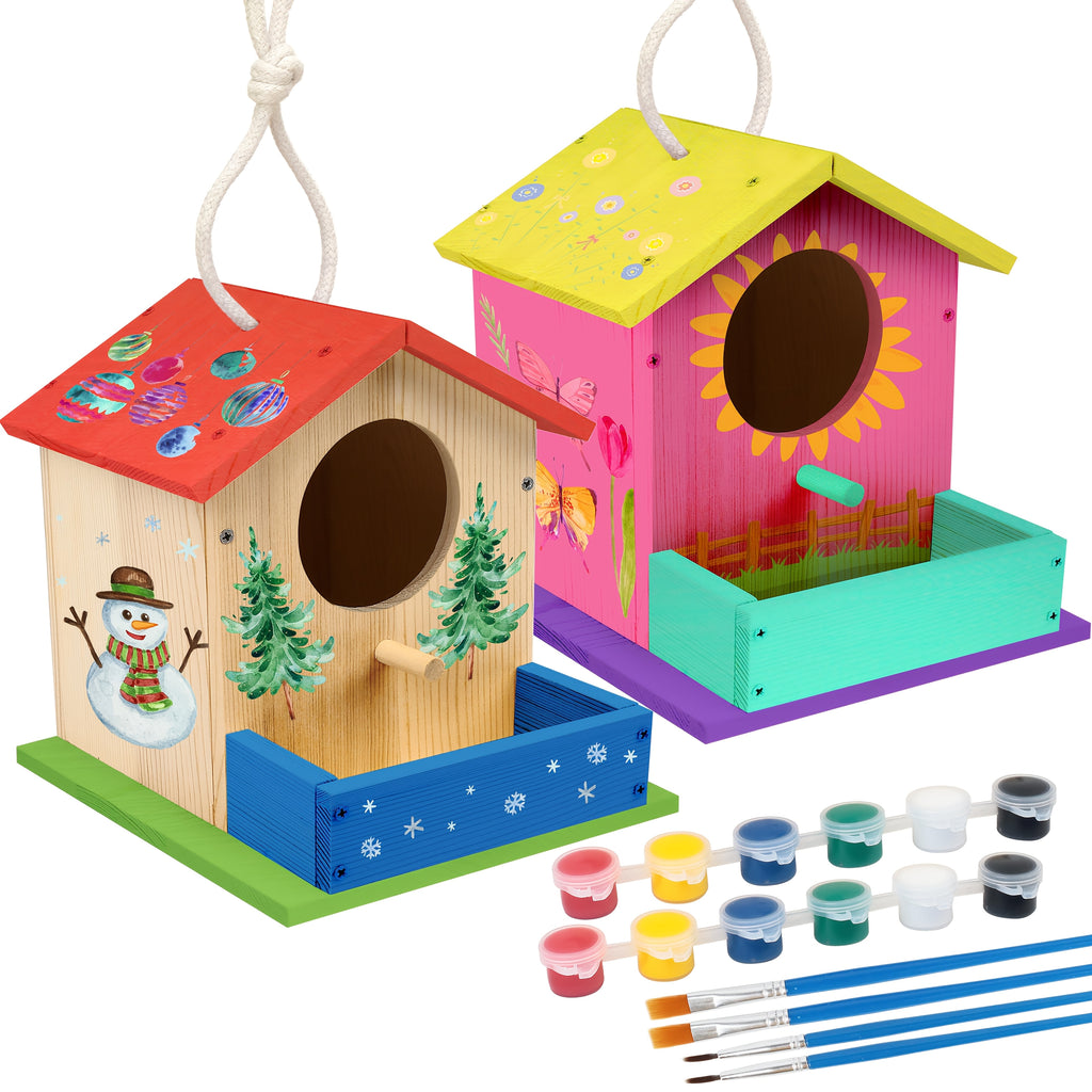 Bird House Kit, Wooden Birdhouse Kits, Arts And Crafts Kits for Boys Girls Kids, Build Your Own, with Brushes, Christmas Birthday Gift for Family Game, Arts & Crafts Draw Toys Supplies, Wooden Birdhouse Shelf