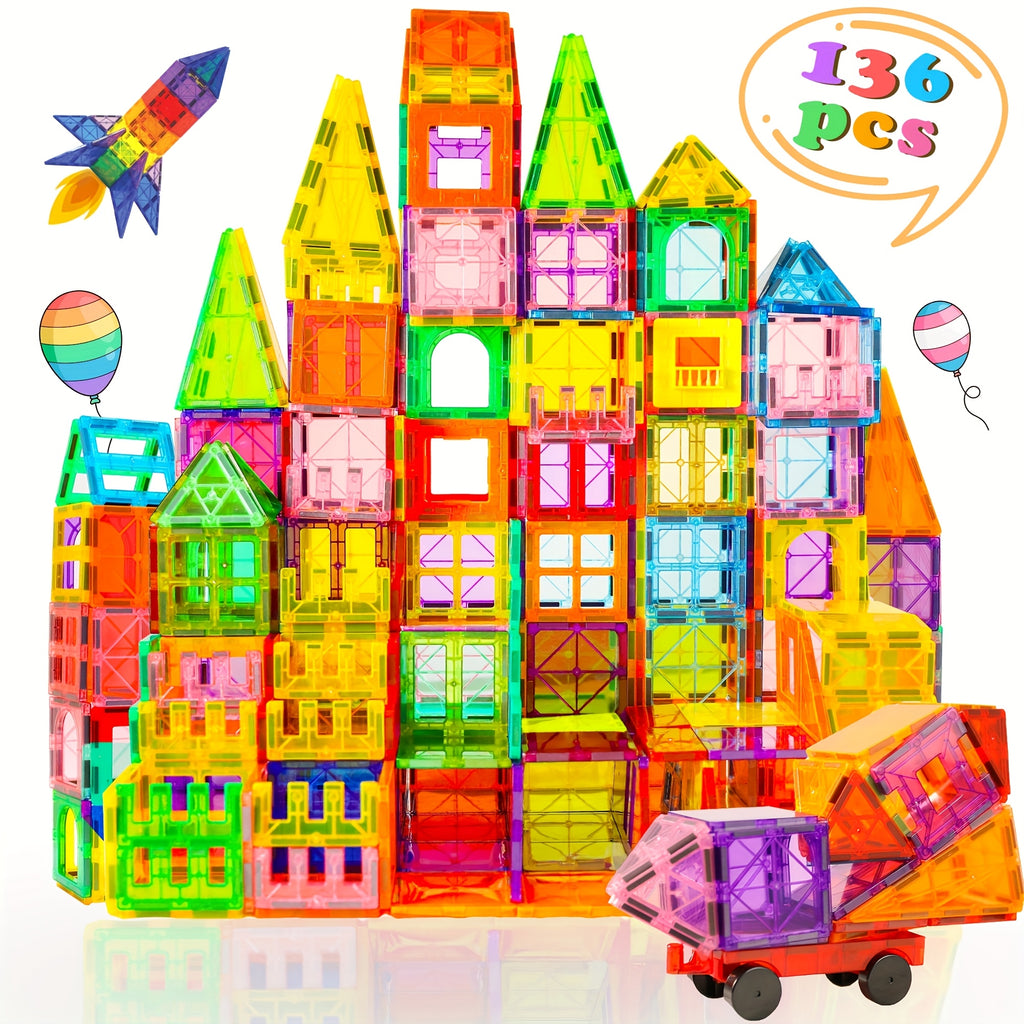 205/136/106/80pcs Magnetic Tiles Kids Toys, Magnet Building Tiles Clear Magnetic 3D Blocks, Creativity Beyond Imagination, Inspirational, Recreational, Educational Conventional, STEM Sensory Educational Toys, Birthday Christmas Gift For Kids Boys Gi