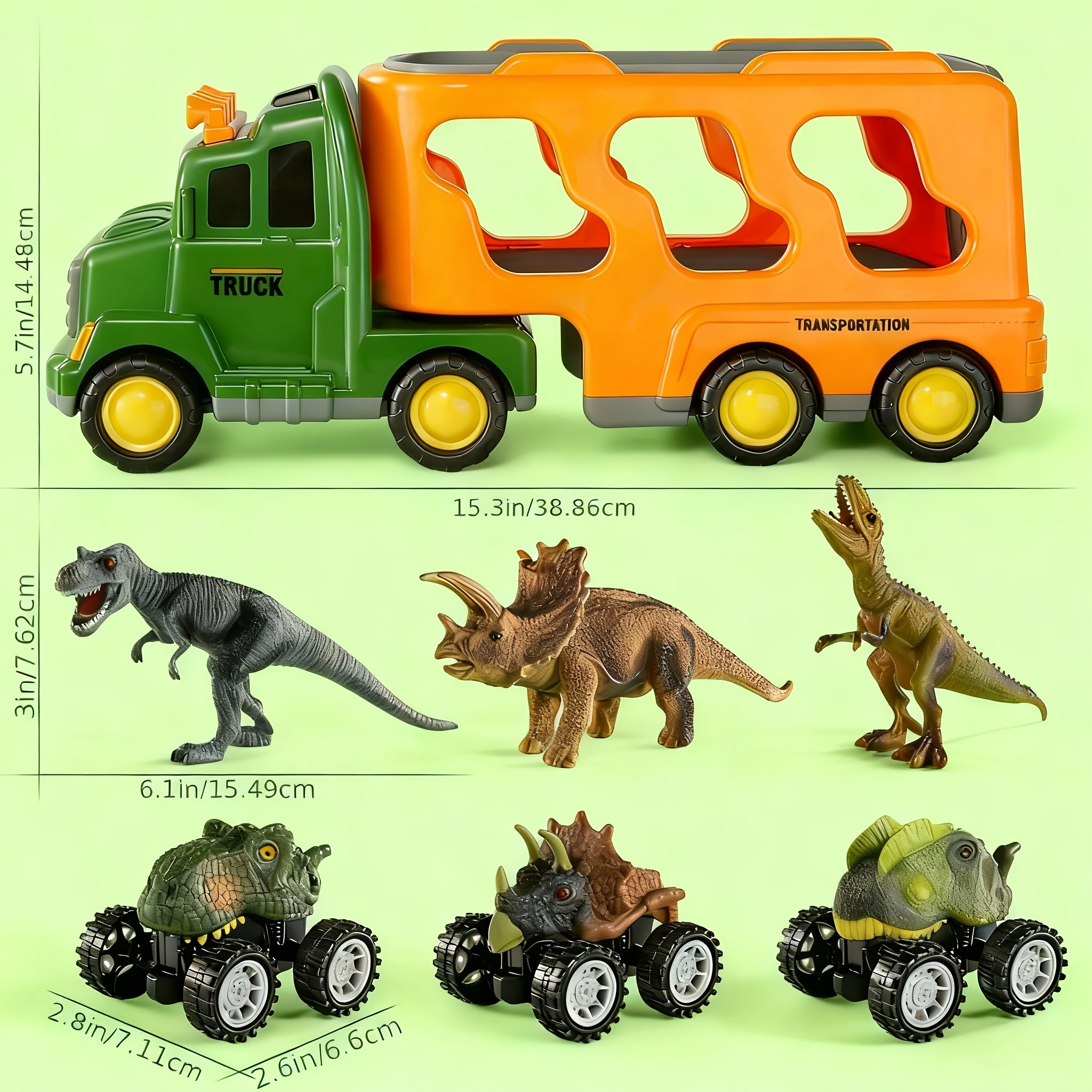 Dinosaurs Truck Toys Suitable for Boys Kids 3-5 Years - Push-Action Dino & Monster Car Friction Vehicle with Light & Sound Effects, 3 Dino Figures & 3 Cars, - Roaring Dino Toys, Christmas Gift