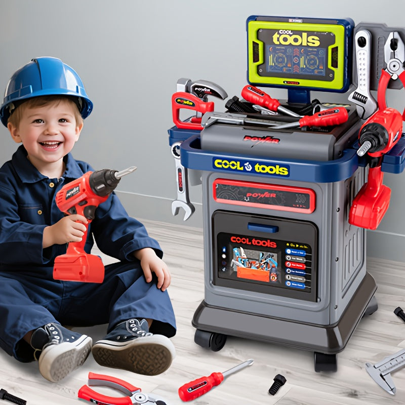 THCBME Kids All-in-One Tool Kit with 41+ Accessories, Folding Workbench & Electric Drill Toy - STEM Engineering Playset with Storage, Interactive Construction Playbench with Tool Storage, Realistic Role-Play Set for Boys & Girls Ages 3-5, - Drill with Gua