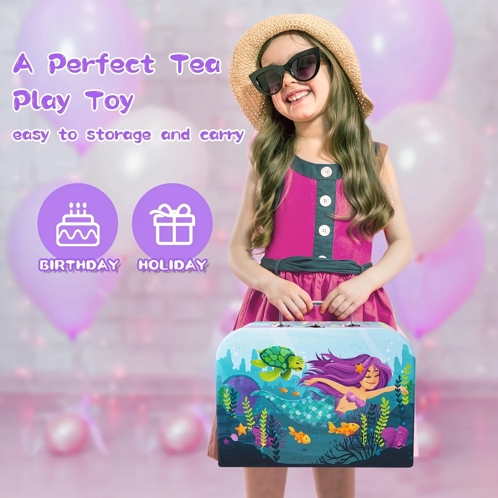Mermaid Tea Party Set for Little Girls, Pretend Tin Teapot Toy with Cups, Plates Carrying Case, Princess Tea Time Play Kitchen Kit, Perfect Christmas&Birthday Gifts for Kids Age 3+
