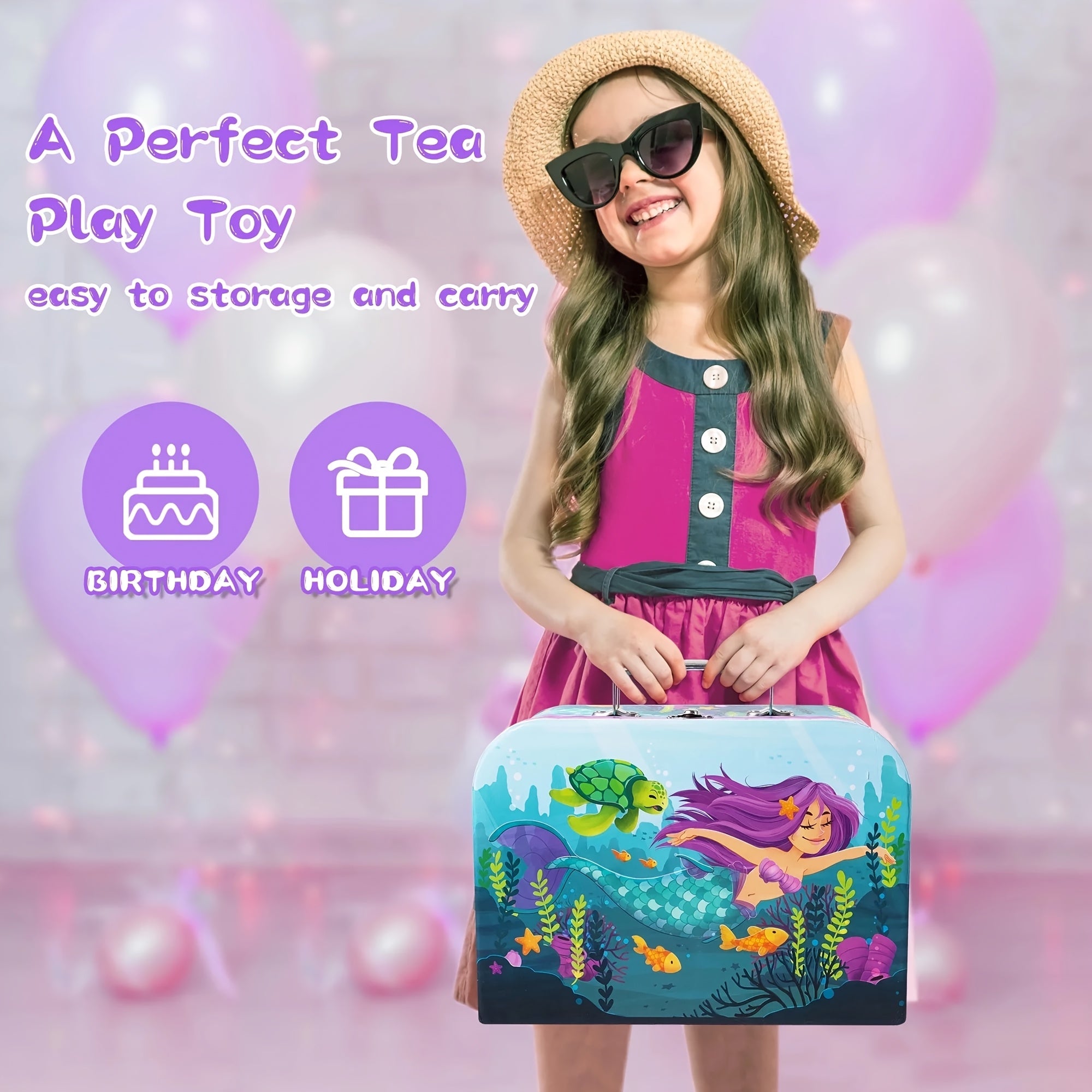 Mermaid Tea Party Set for Little Girls, Pretend Tin Teapot Toy with Cups, Plates Carrying Case, Princess Tea Time Play Kitchen Kit, Perfect Christmas&Birthday Gifts for Kids Age 3+