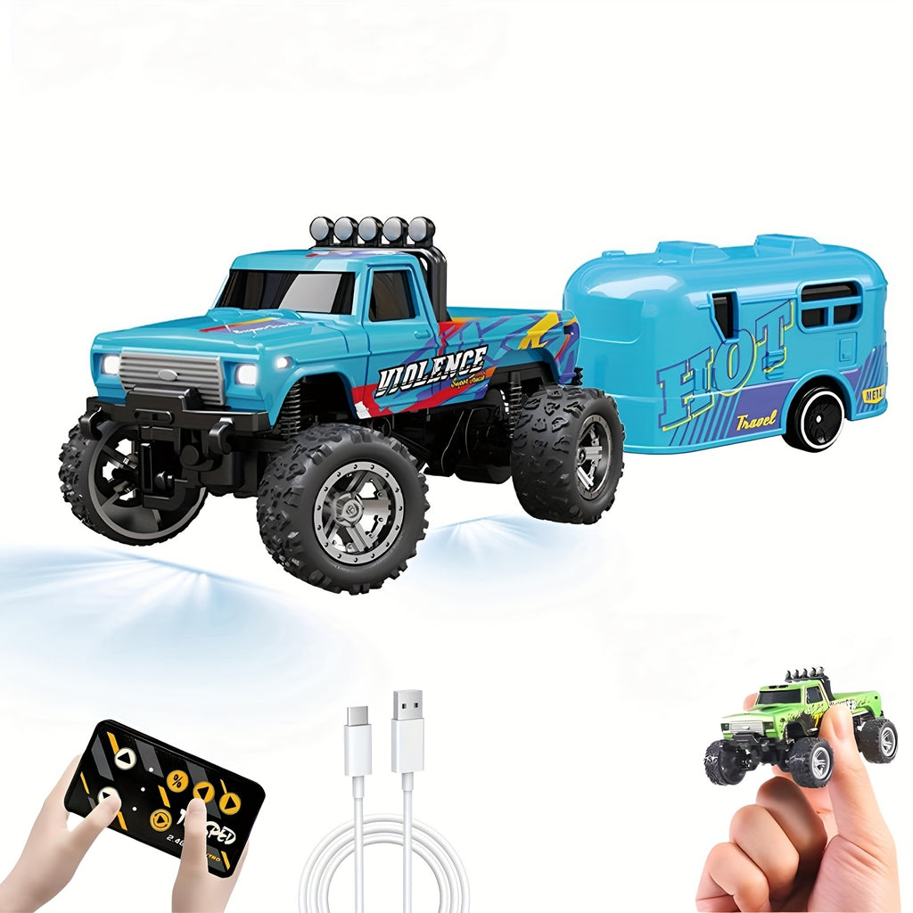 Mini RC Truck Toy, 2.4GHz Off-Road Alloy Truck, 1:64 Scale Mini RC Truck (with Trailer, Body Lights & Headlights), Crawler Toy, Adjustable Speed/Steering, Collectible Truck Model, Perfect Holiday Gift