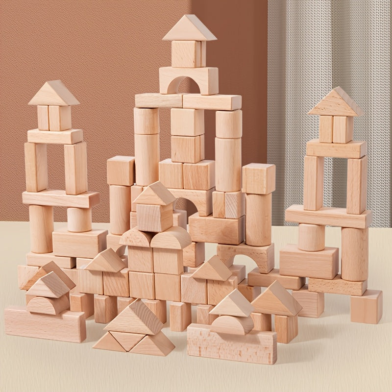 100pcs Solid Wood Block Set, Unpainted, Aiding Logical Thinking Development. Made of Beech Material, Suitable for 3-12 Year Old Children to Create Educational Toys. Boy Toy, Wooden Castle Set, Large Wooden Stacking Toy, Puzzle Toy, Toy