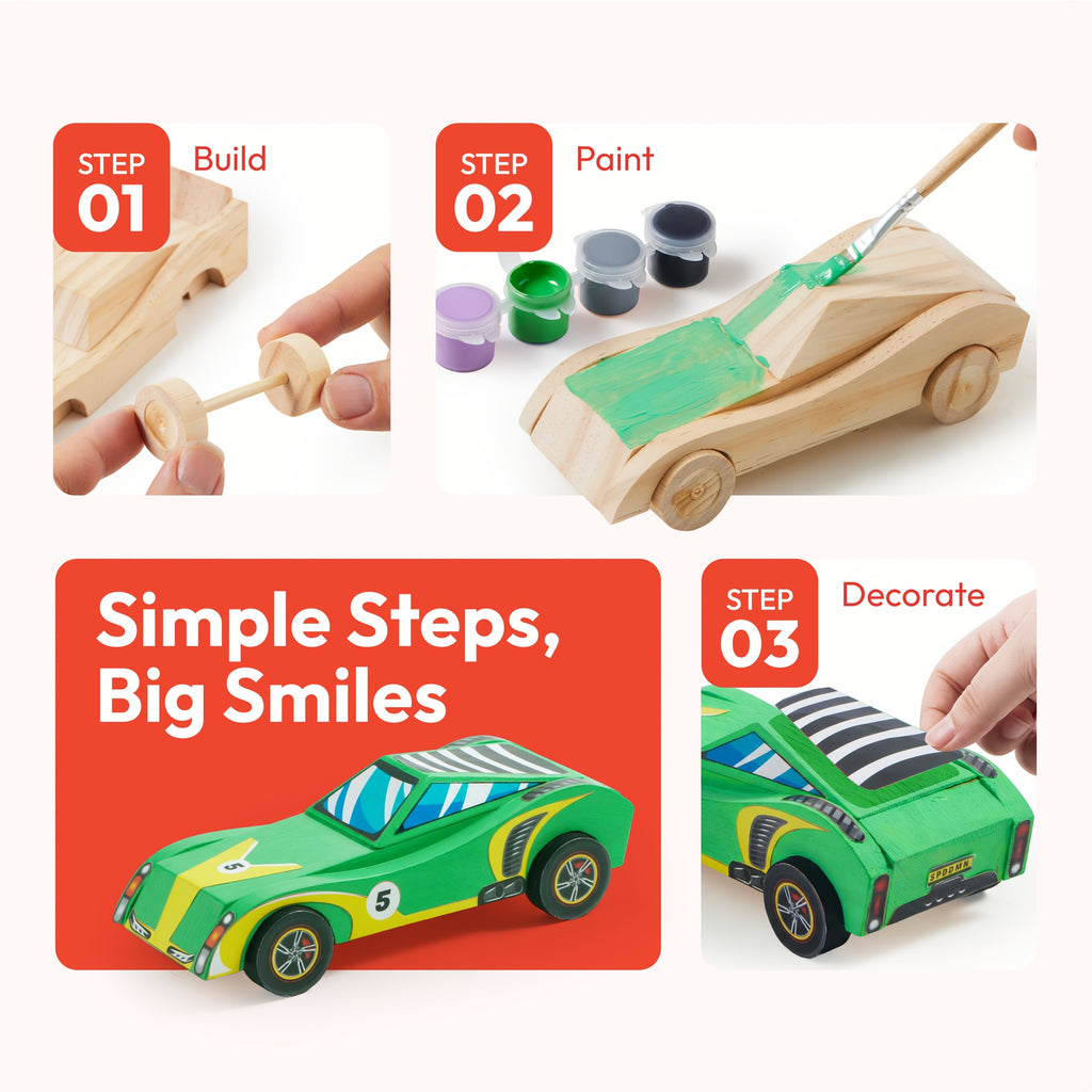 4pcs Wooden Race Cars - Build Toy for Kids, Paint Your Own Wood Art Craft Kit Toy, 4pcs Race Cars Toy, Easy to Assemble Arts Crafts Kit, Christmas Birthday Party Gifts for Boys And Girls