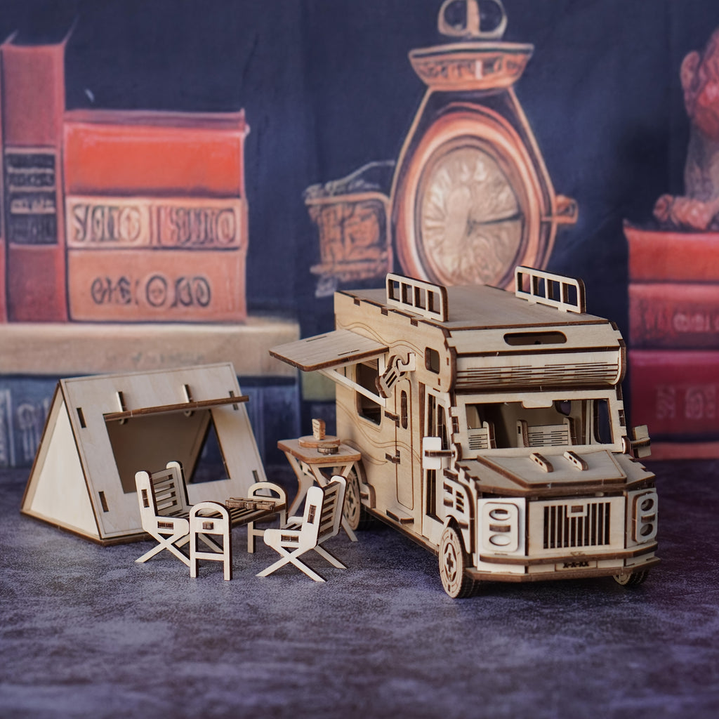 3D Wooden Car Puzzle Travel RV Camping Car Assembly Model, Wooden Outdoor Camping Car Building Block Toy Kit, Suitable as a Gift for Friends and Family