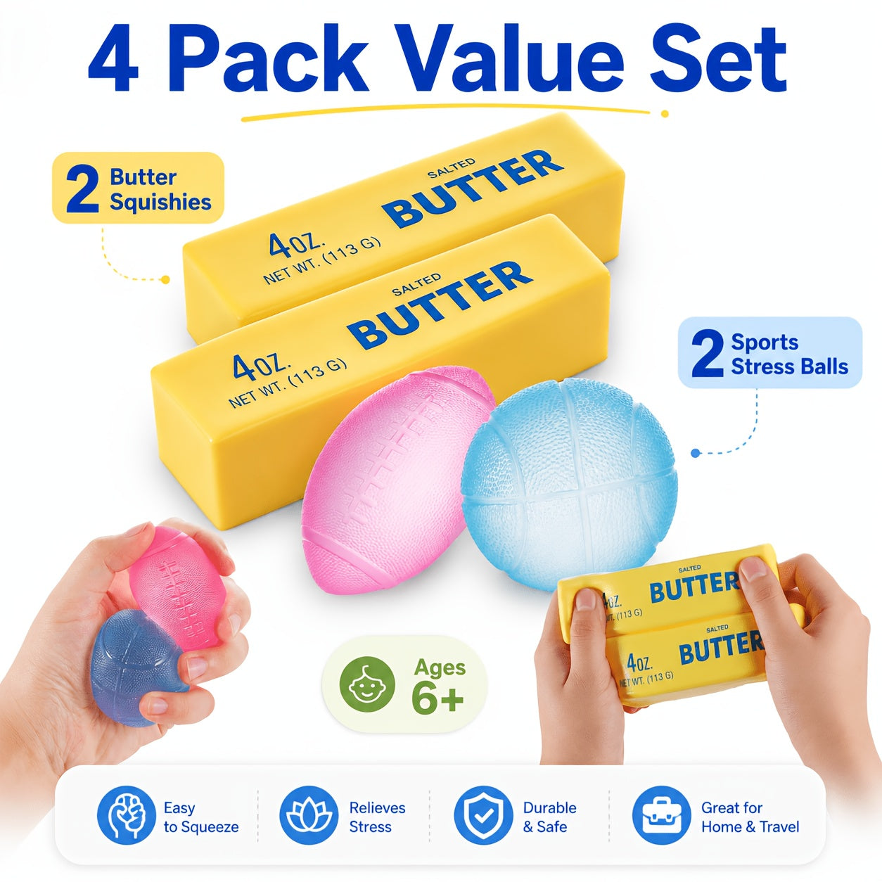 Squishy Stress Ball And Slow-Rising Butter Squishy Fidget Toys Set - 4-Pack Ultra-Soft Sensory Toys, Cute Pack for Kids And Adults, Desk Toy, Party Favors, And Gift Ideas
