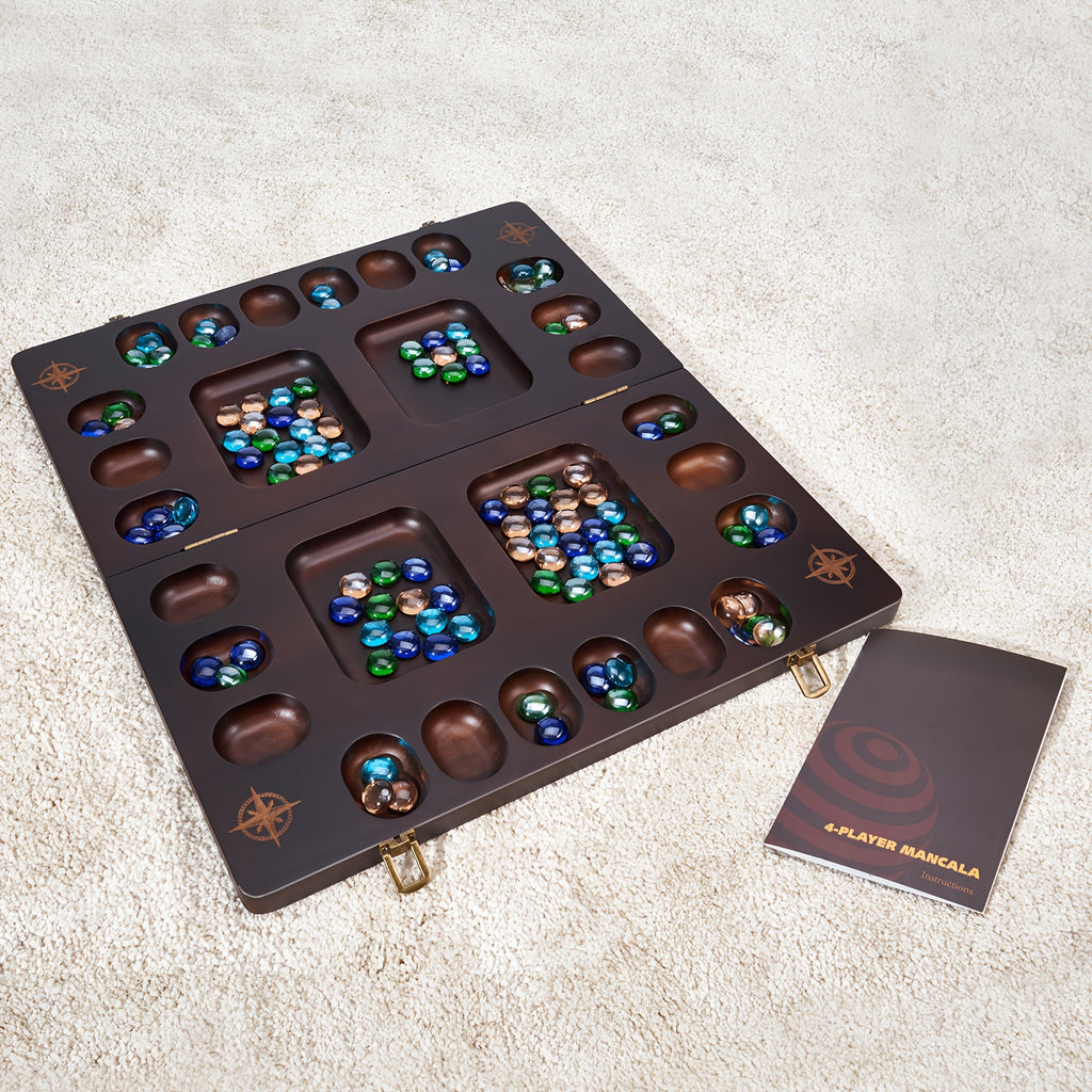 Mancala 4 Player Board Game Set, Luxury Solid Wood Folding Mancala Board, 96+12 Bonus Multi Color Glass Stone Beads Game Instructions Included, Ideal Halloween/Christmas Gift