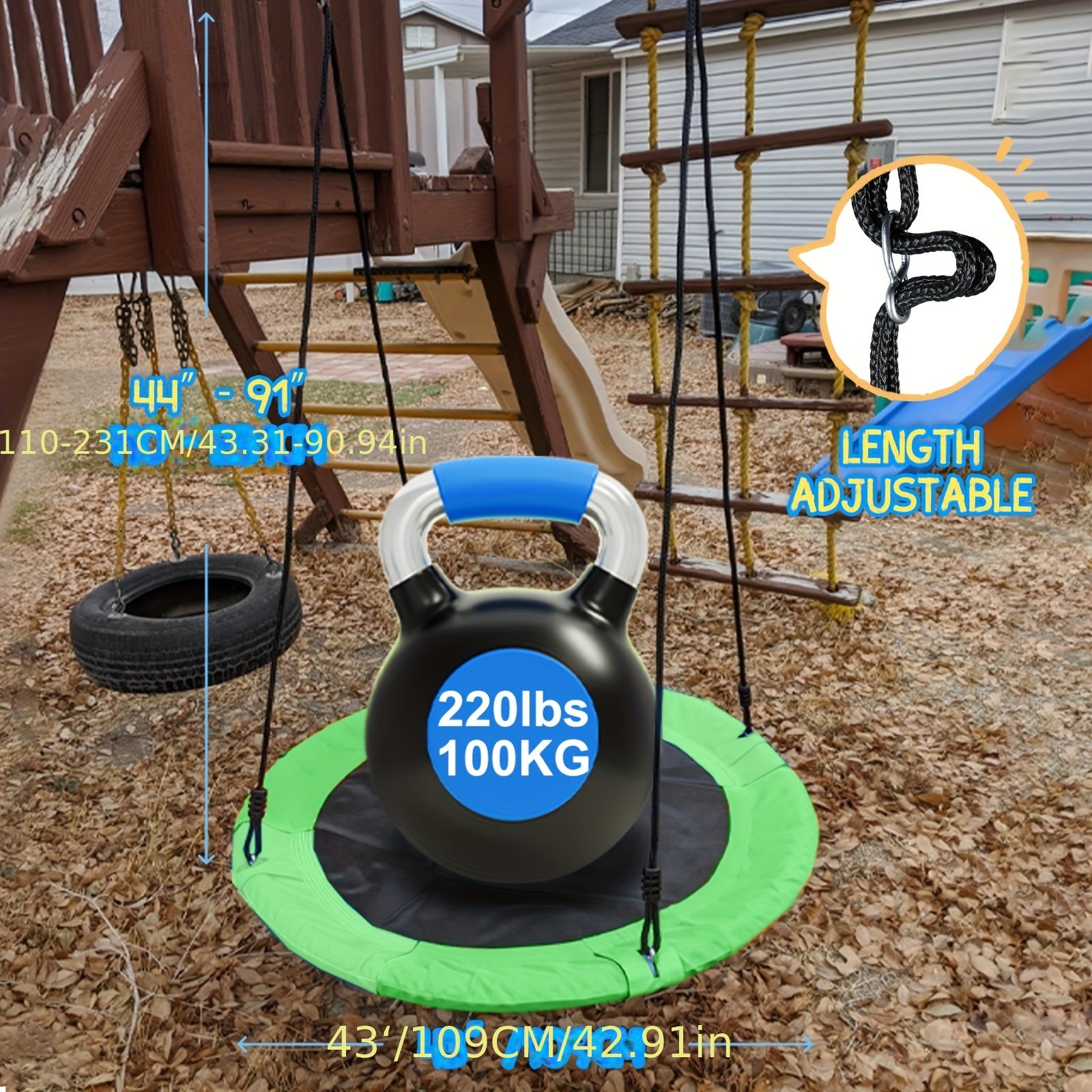 43" Large Rotating Saucer Swing for Kids, 360° Spinner Swing with Swivel, Adjustable Ropes And Hanging Straps, Outdoor Tree Or Swing Set Accessory, Durable Round Mat for Playground Or Backyard, Day Gift