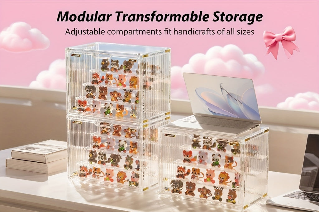 4-Tier Transparent Figure Display Box - Collector'S Acrylic Clear Protective Case, Magnetic Design for Desktop Placement, Figure Organizer, Large Size Box, Free Combination, Ideal for Doll Collections