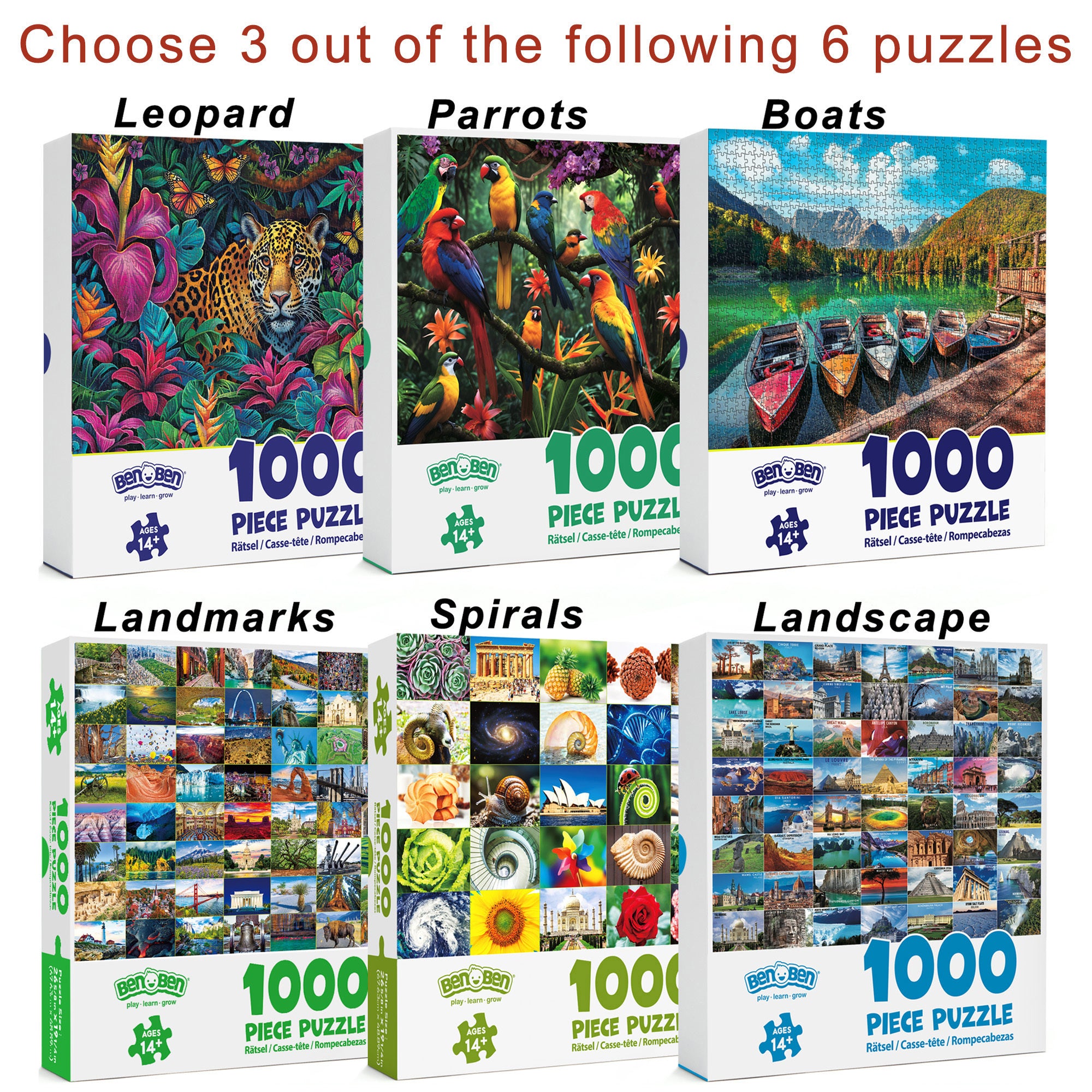 3 Pack Challenging 1000 Piece Large Jigsaw Puzzle for Adults, for Family Game Night, Birthday/Christmas/Holiday/Easter Gift, DIY Home Decor, Puzzles with Letters on Back, Fusine Lake, Jungle Parrots, Leopard in the Jungle, Travel Landscape, Scenic Spots i