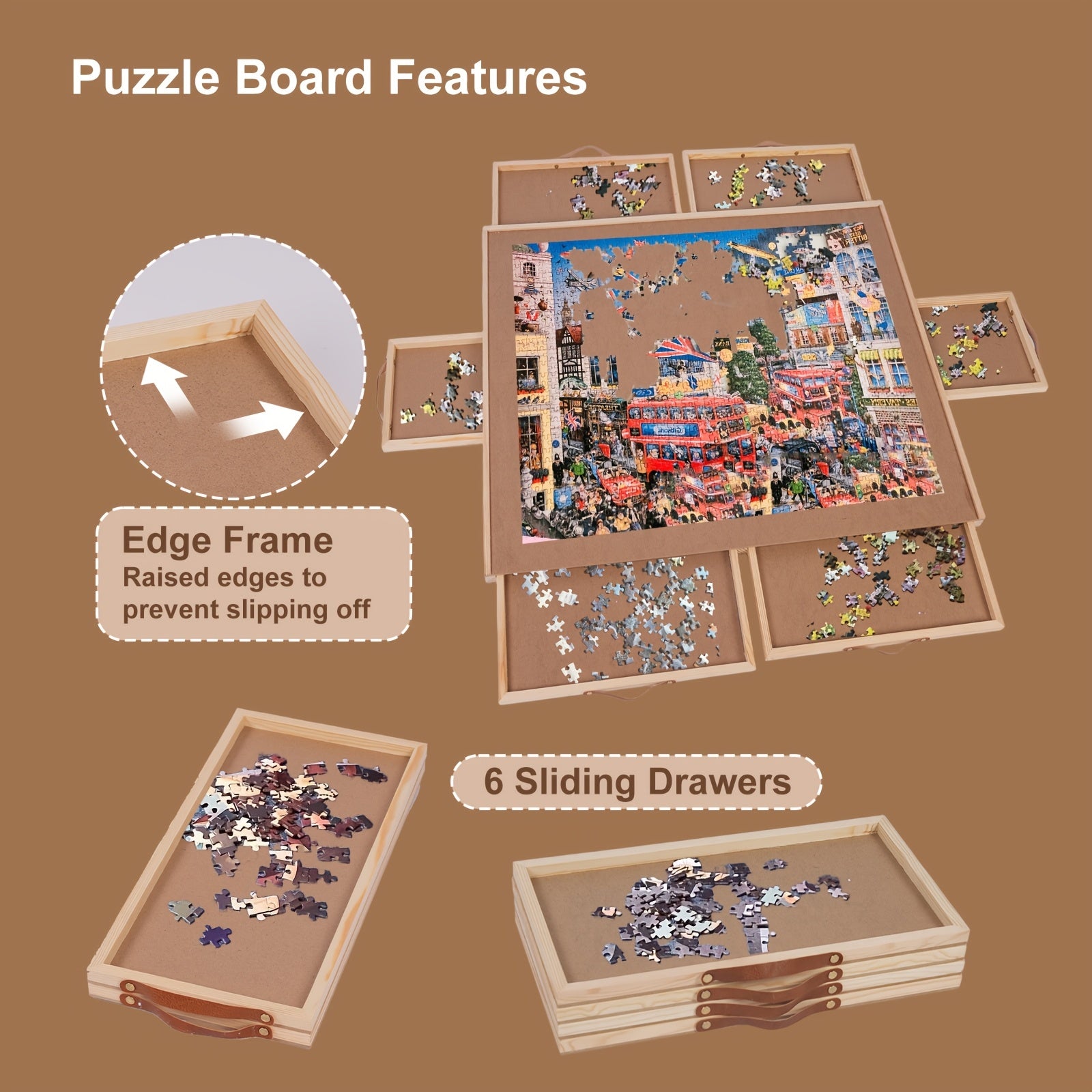 Rotating Jigsaw Puzzle Board for 1500pcs with Smooth Handle Drawers And Dust Cover, Wooden Puzzle Table for Family, Puzzle Storage Solution, Game Room Furniture, Compact Puzzle Organizer, Functional Storage, Highquality Wood, Storage Drawer Table