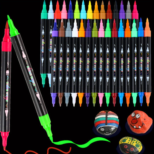 30 Colors Acrylic Paint Markers, Dual Tip Acrylic Paint Markers with Brush And Fine Tips for Adults, Wood, Stone, Rock Painting, Glass, Ceramic Surfaces, Crafts Making.Professional Artistic Use