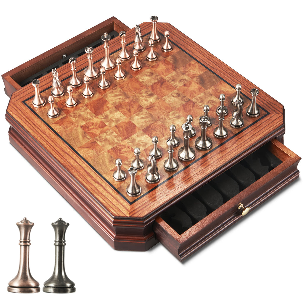 12 Inch Wooden Chess Set, Metal Chess Pieces And 2 Built-in Storage Drawers, 2.5" Kings 2 Extra Queens Suitable for Beginners, Adult Vintage Mahogany Chess Game, Christmas Gifts