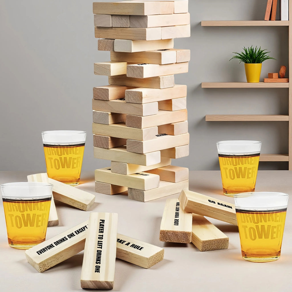 60 Wooden Building Blocks Rolling Tower Party Challenge Game Set (including 4 Glass Cups And 60 Challenge Blocks) - Adult Party Game - Halloween Christmas Gift
