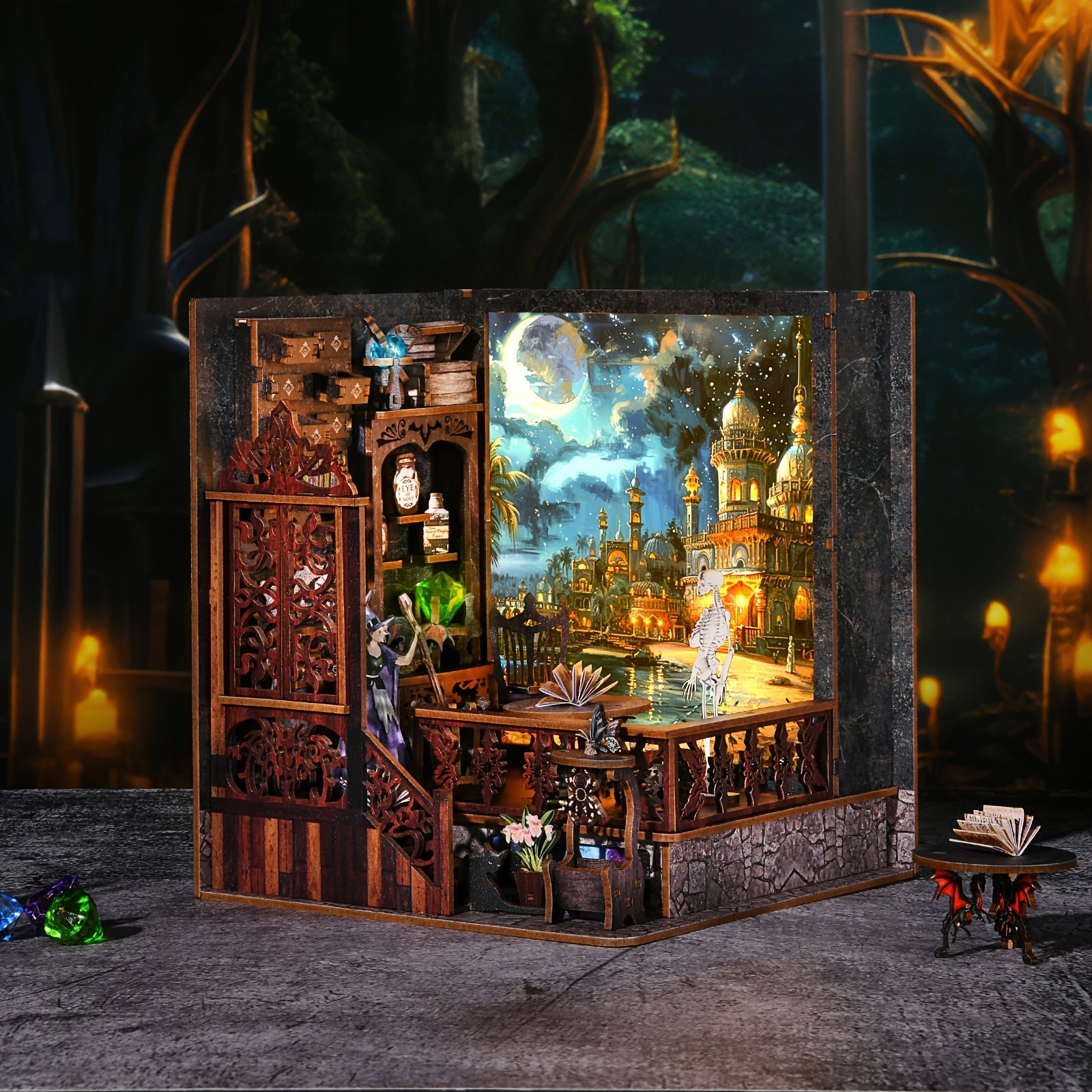 1pc Of Magic Mystery Bookend, DIY Dollhouse Bookcase, 3D Wooden Puzzle Bookcase, Book Corner Mini Kit, Halloween, There Are Witches, Skeletons, Magic And Other Elements, Whiteboard You Can Draw