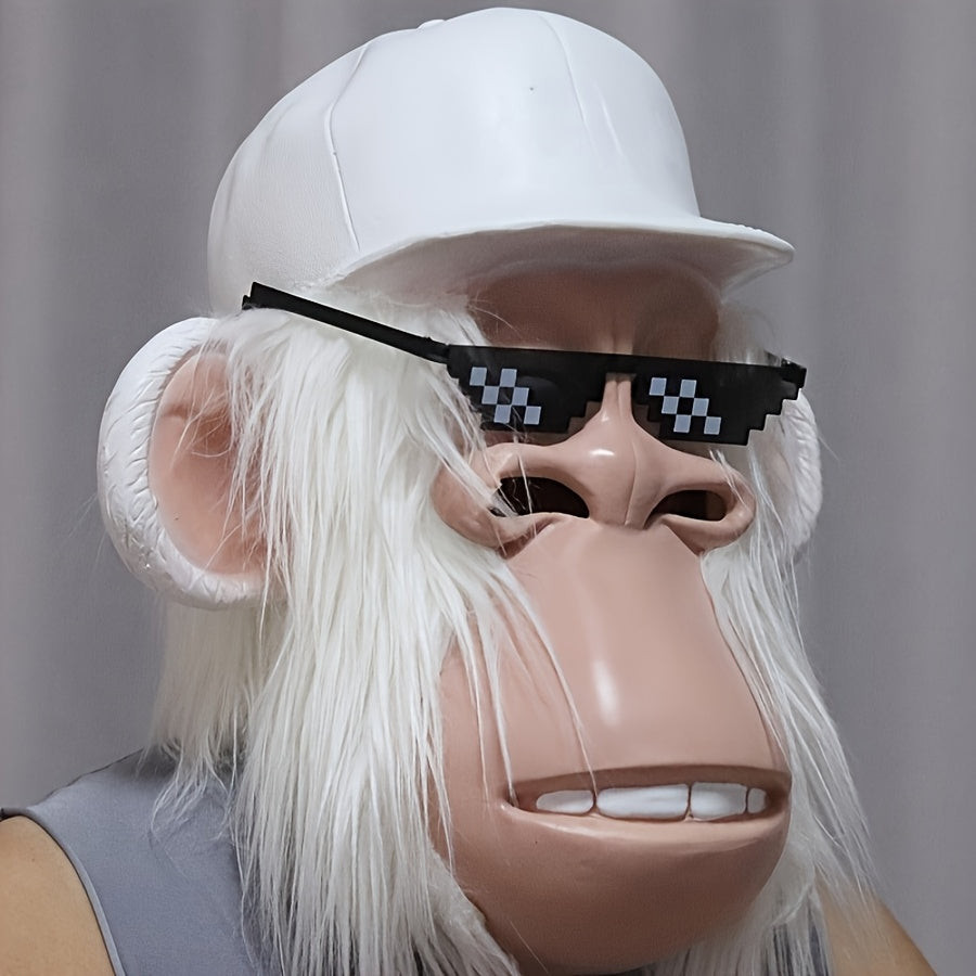 [Halloween] 1pc Funny Plush Monkey Mask - Cute Cartoon Animal Costume with White Hair, Fashion Glasses & Hat - Soft Latex Full Head Design for Halloween Parties, Role-Playing - One Size Fits Most Adults