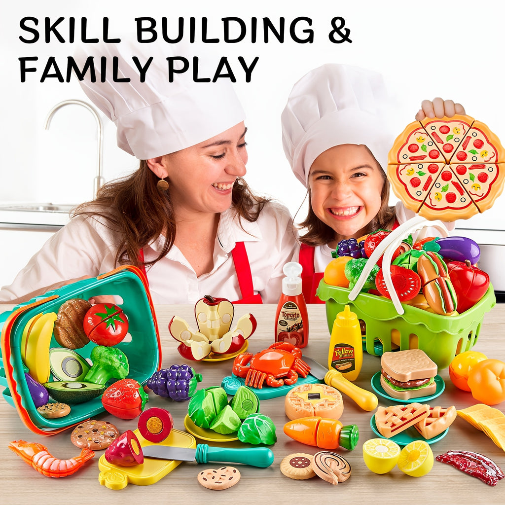 85pcs Pretend Play Food Sets for Kids Kitchen, Cutting Toy Food with 2 Baskets, Play Kitchen Accessories for Toddlers, Fake Food with Pizza Veggies Fruits, Kids Kitchen Toys, Boys Girls GiftChristmas