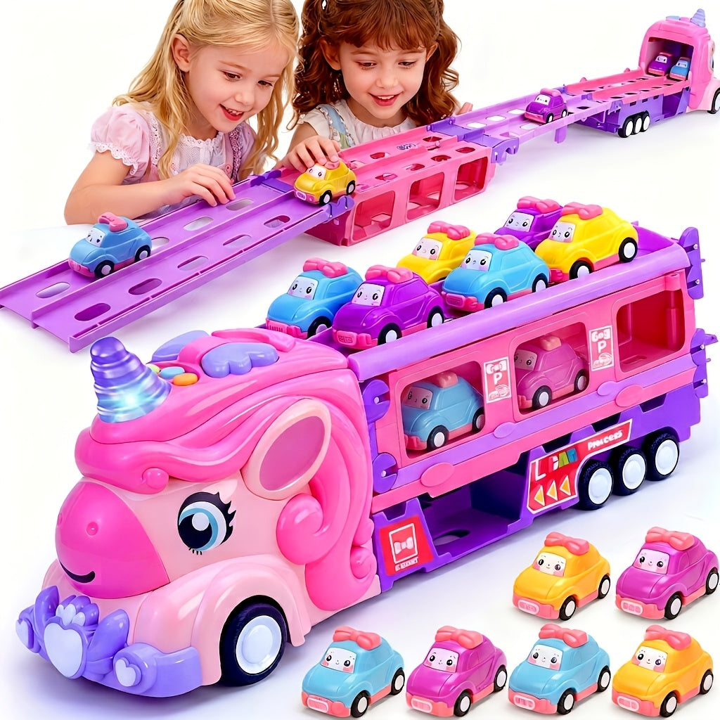 Pink Monster Toy Truck Track Set with 8 Princess Cars, Light Sound - Friction Power Car Toys with 2-Player Fold Out Track, Plastic Tracks for Girls & Boys 3+, Birthday/Holiday Gift Suitable
