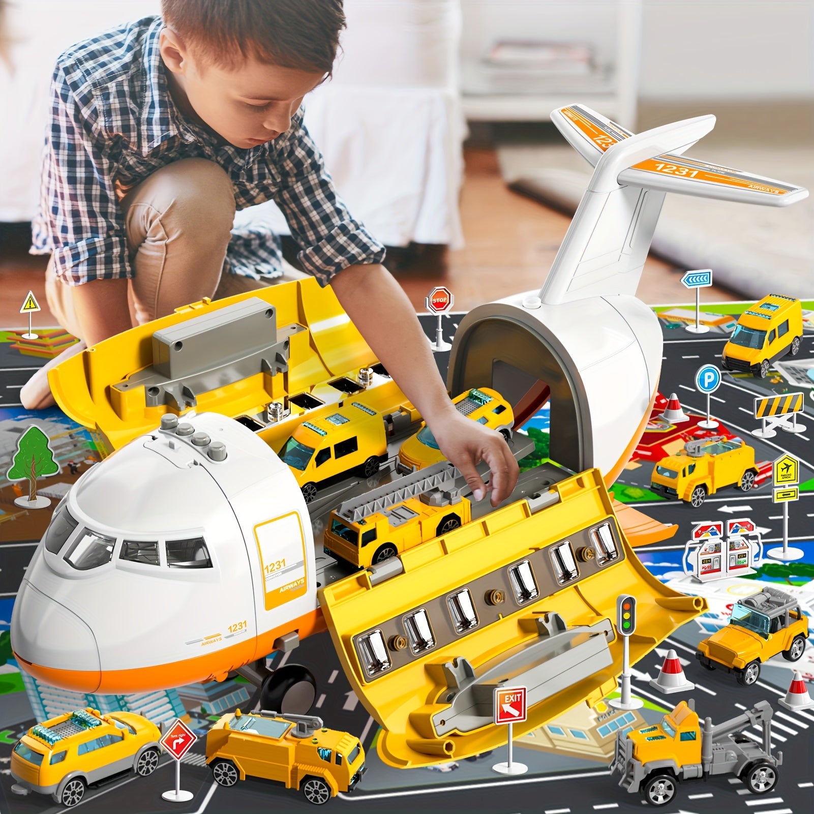 [Large Airplane Toys] Airplane Toys for 3 Year Old, Large Transport Spray Airplane Toys with 10 Vehicle Cars