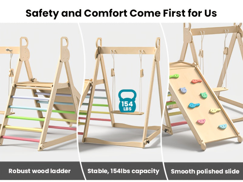 5-in-1 Foldable Indoor Jungle Gym for Toddlers Wooden Climbing Set with Slide, Swing, Ladder, Toddler Playground Playset for Kids 708.66inch+, Cognitive Development, Coordination (Rainbow, Blue).