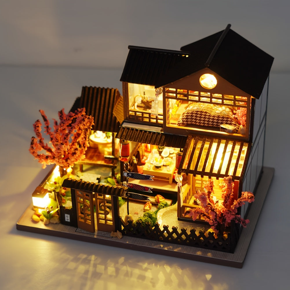 DIY Japanese-Style Wooden Dollhouse Kit with -Responsive Tatami & Miniature Furniture - Handmade Tiny House Model for & s, Dollhouse Collectors - Complete (No Glue/) - Birthday/Christmas Gift