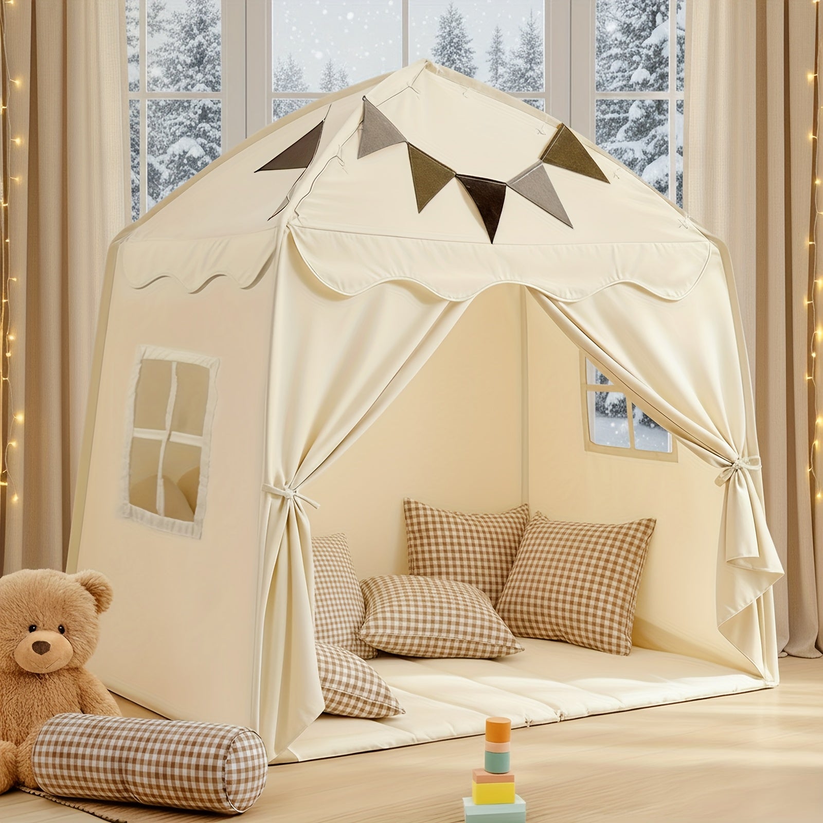 Extra Large Kids Play Tent with Flags, Portable & Foldable Teepee, Indoor Outdoor Dome Tent Playhouse, Bed Tent Bed Canopy for Boys & Girls, 59x39x59in, Toys Not Include, Christmas & Halloween