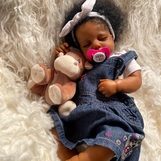 Novocreation 19" Realistic Sleeping Youngsters Doll, Hand-Painted Details with Curly Blue Hair, Soft Touch Vinyl Limbs & Cloth Body - Includes Soothing Item, Plush Toy, and Birth Certificate - Perfect for Gifts and Collectors, Youngsters Doll