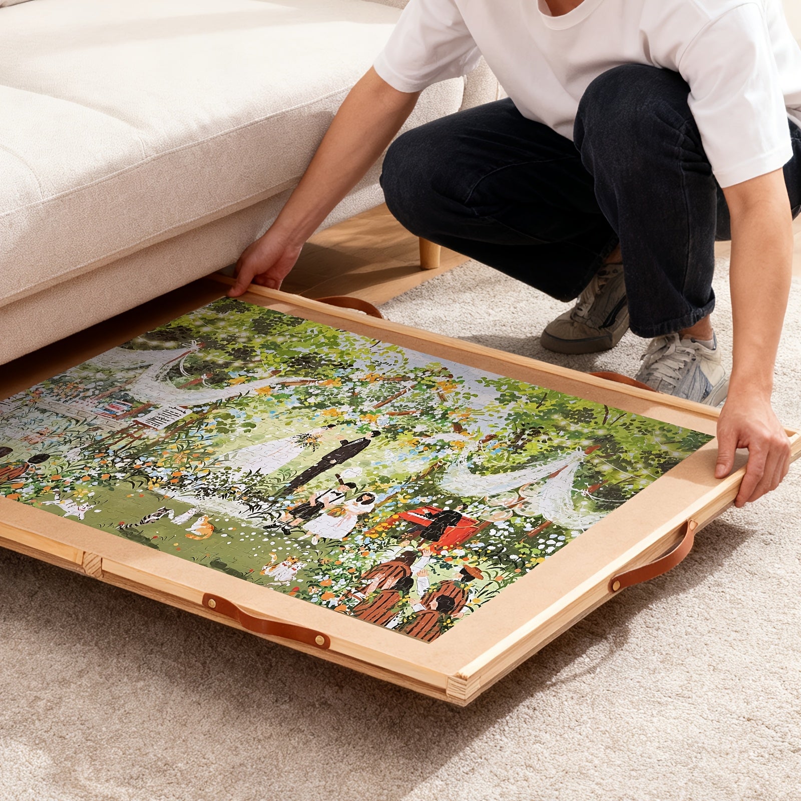 Rotating Jigsaw Puzzle Board for 1500pcs with Smooth Handle Drawers And Dust Cover, Wooden Puzzle Table for Family, Puzzle Storage Solution, Game Room Furniture, Compact Puzzle Organizer, Functional Storage, Highquality Wood, Storage Drawer Table