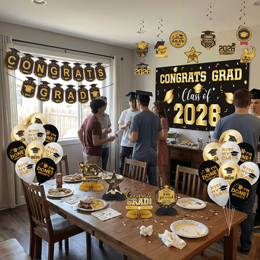 Graduation Decorations Class Of 2026, Golden Themed Graduation Decorations Set, Class Of 2026 Backdrop Banner, Graduation Hanging Swirl, Balloons And Honeycomb Supplies For Graduation Party