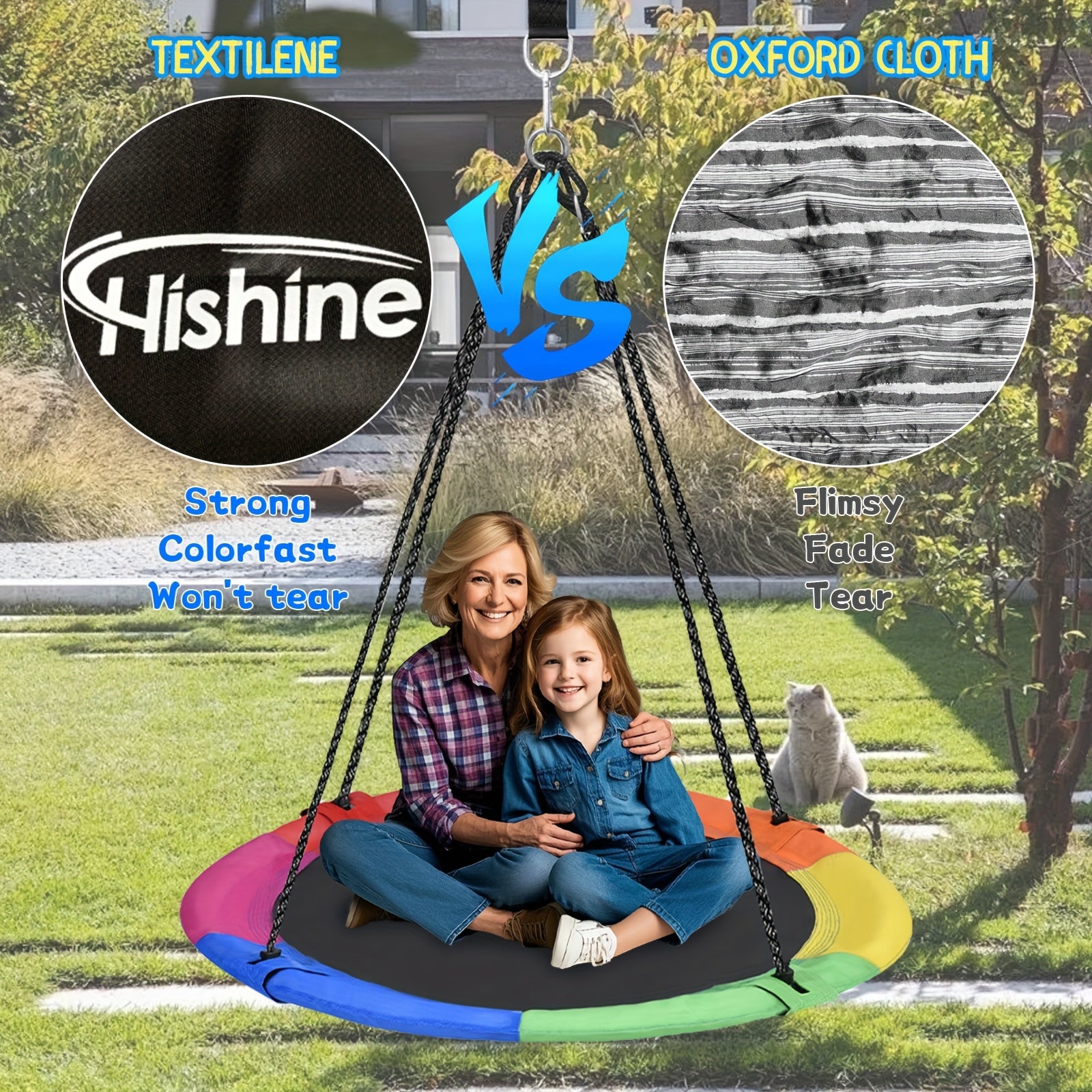 43" Large Rotating Saucer Swing for Kids, 360° Spinner Swing with Swivel, Adjustable Ropes And Hanging Straps, Outdoor Tree Or Swing Set Accessory, Durable Round Mat for Playground Or Backyard, Day Gift