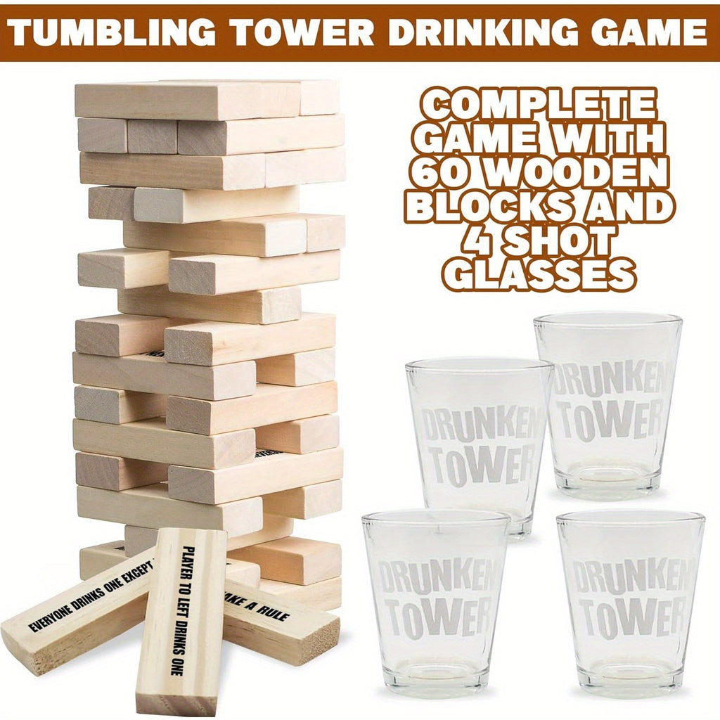 60 Wooden Building Blocks Rolling Tower Party Challenge Game Set (including 4 Glass Cups And 60 Challenge Blocks) - Adult Party Game - Halloween Christmas Gift