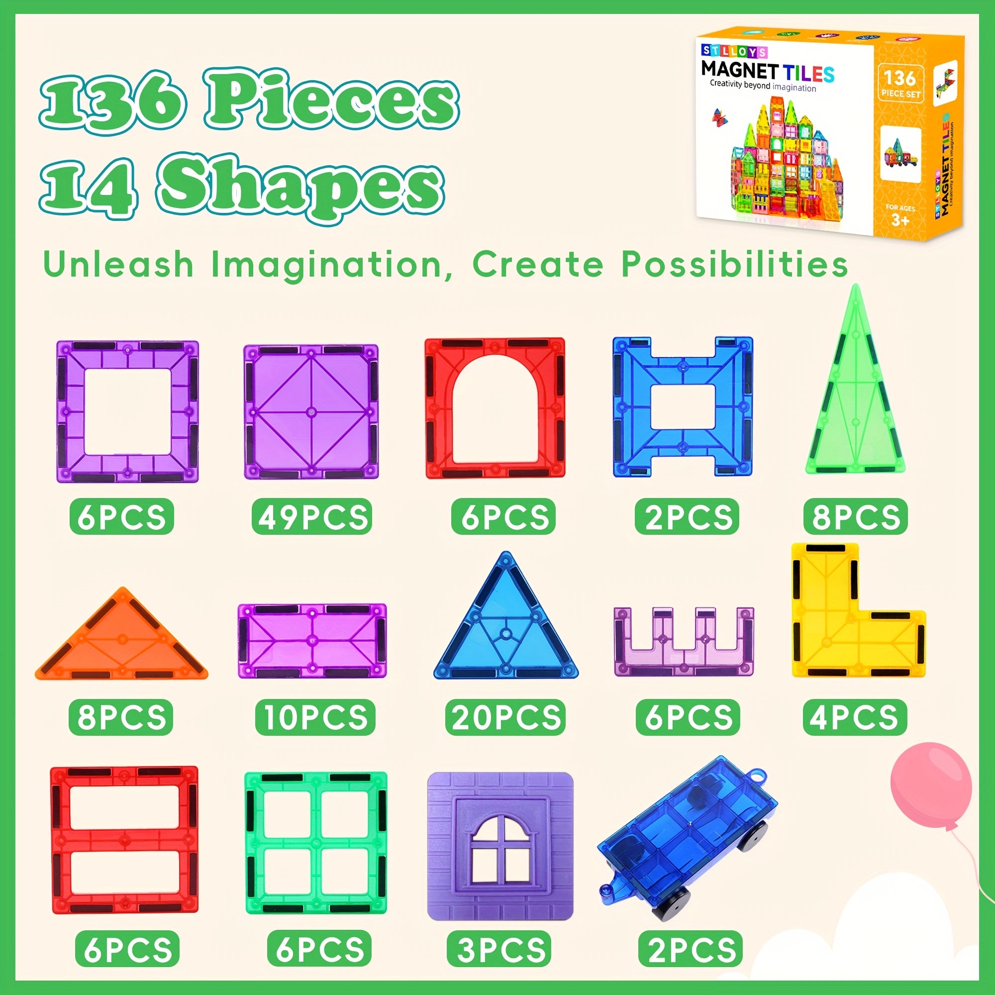 [Birthday Gifts] 80/106/136pcs Magnetic Tiles for Kids, Magnetic Building Blocks With 2 Cars, Magnet Tiles Construction Building Toys, STEM Sensory Toys Birthday Gifts Toys for Kids Boys Girls 3 4 5 6 7 8 9+ Year