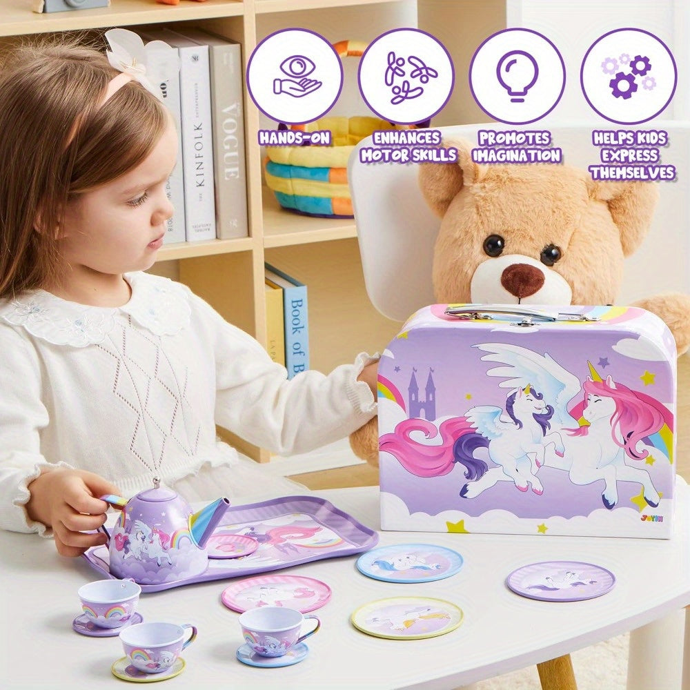 Unicorn Princess Tea Party Set For Little Girls: Purple Tin Teapot + Cups + Plates, Pretend Play Kitchen Toys For Kids, Perfect Easter/Birthday Gift For Kids Girls, Multi-Item Party Favor Packs For Children
