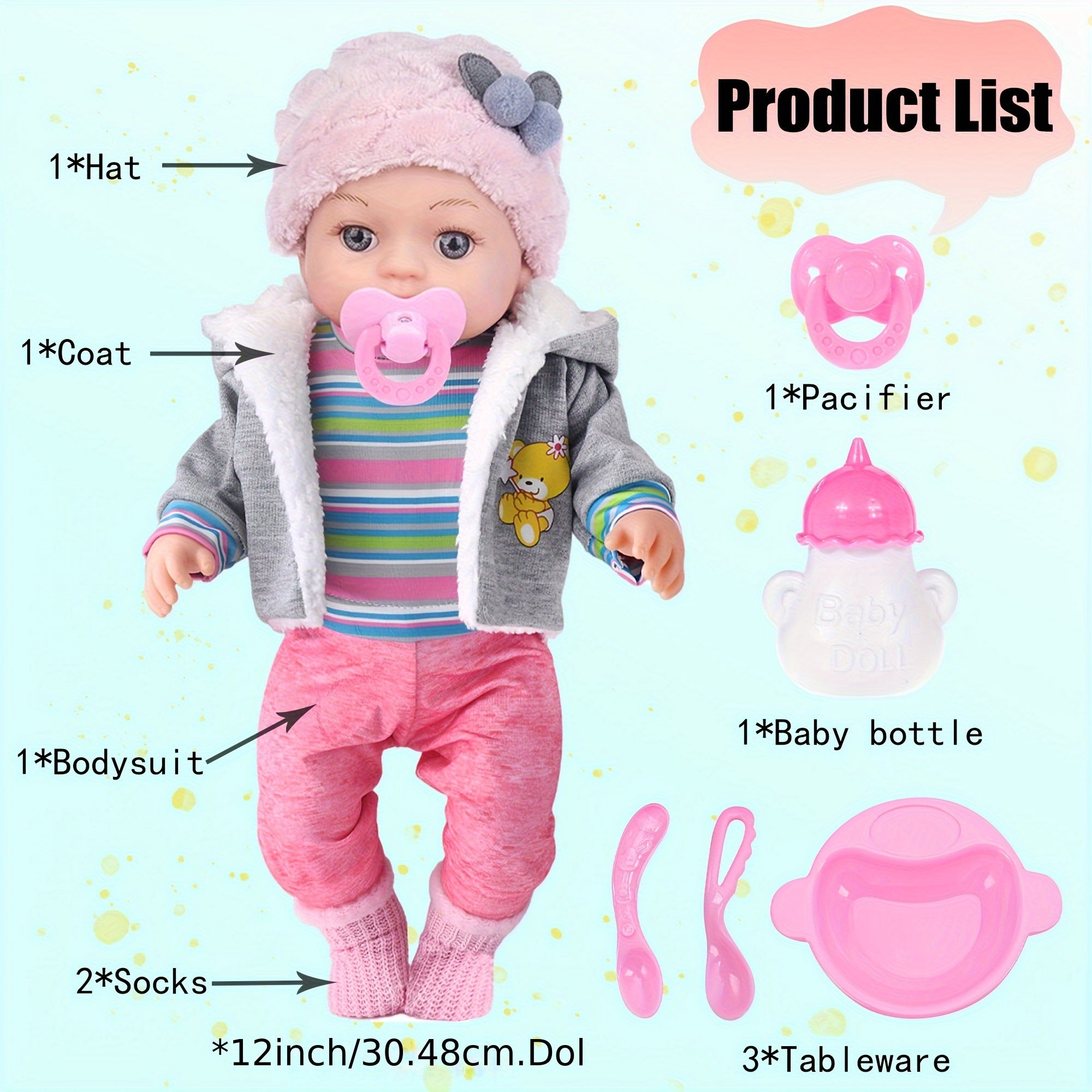 12 Inch Baby Doll with Clothes Accessories Playset: A Doll, Hat, Coat, Romper, Soft Socks, Tableware, Feeding Bottle, Diapers, Nipple for 3+ Years Old Gifts
