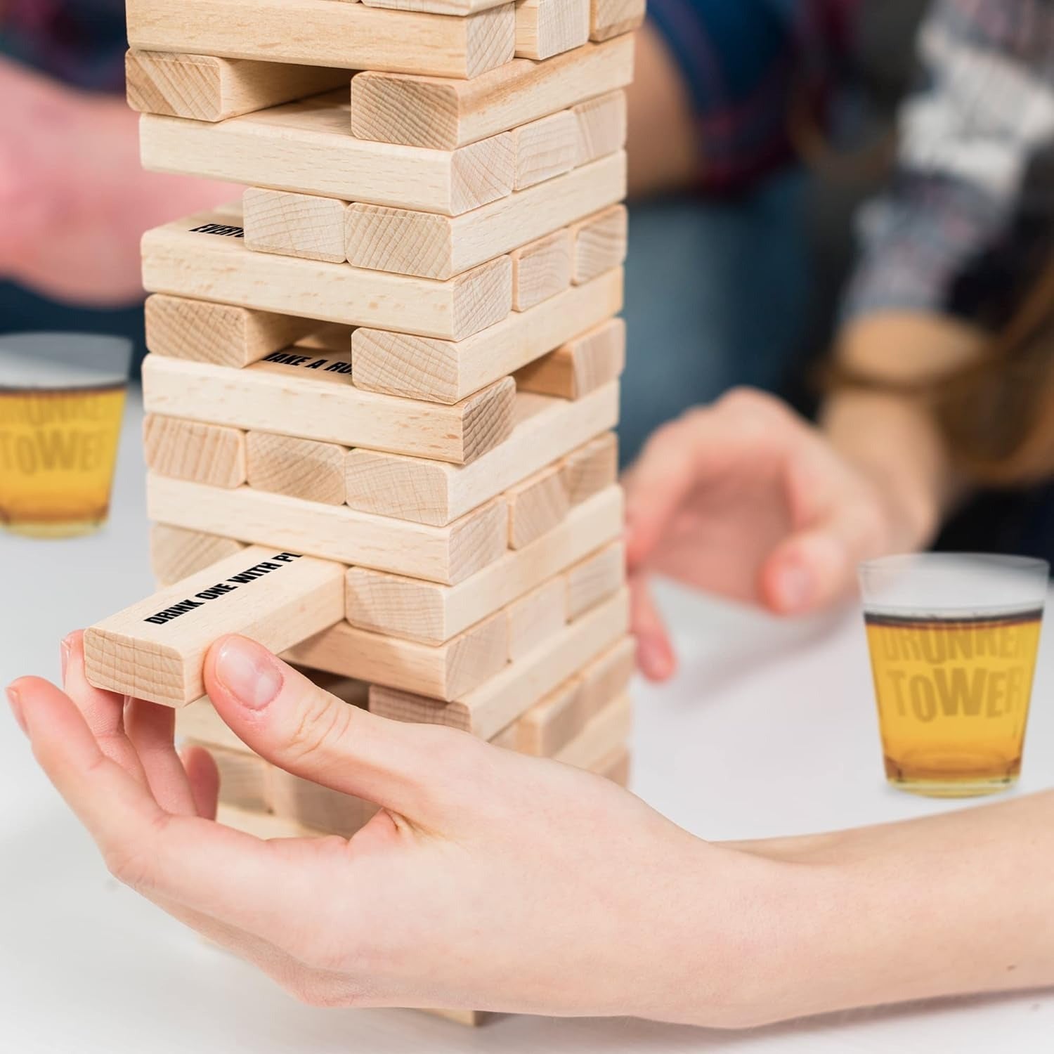 60 Wooden Building Blocks Rolling Tower Party Challenge Game Set (including 4 Glass Cups And 60 Challenge Blocks) - Adult Party Game - Halloween Christmas Gift