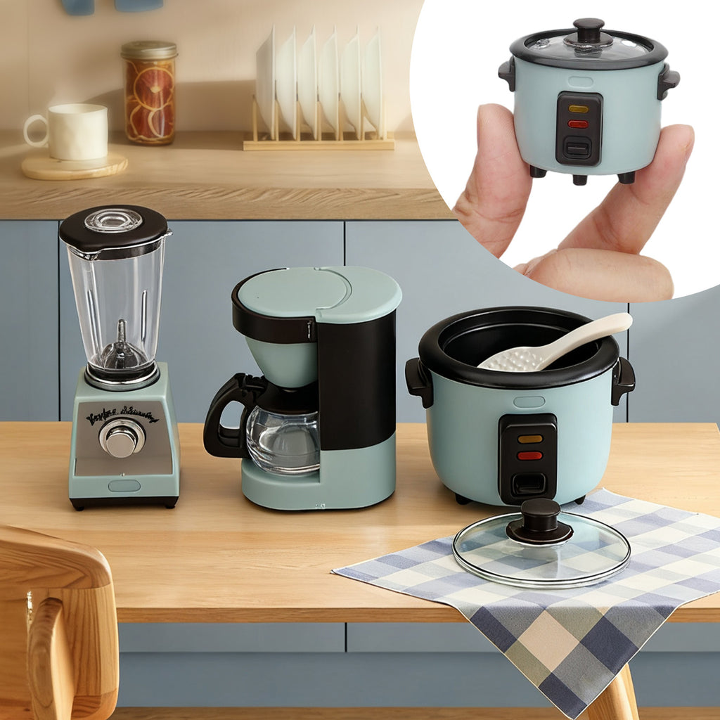3pcs Funny Mini Kitchen Scene Decor, 1:12 Scale Rice Cooker, Juicer & Coffee Maker Model, Decorative Doll House Playset, Creative Kitchen Appliance Set, Gift