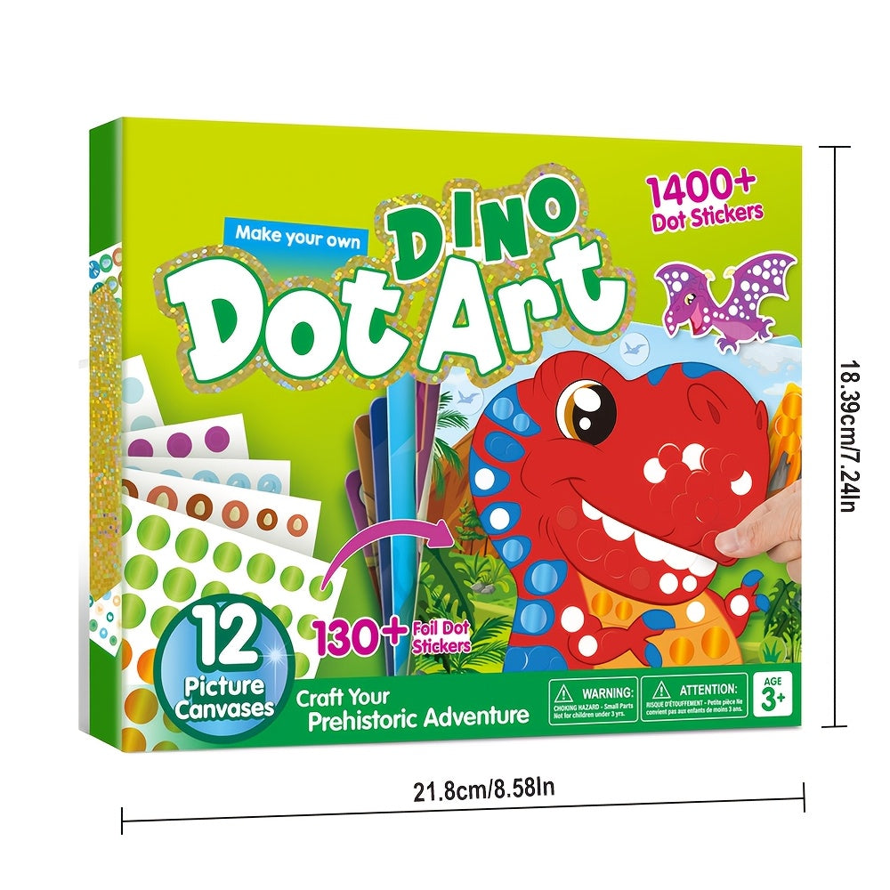 Dino Dot Art Kit Toy For Kids, 12 Picture Canvases, No Mess Sticker For Children Ages 3+, Craft Kits, Creative Activity, Travel Toy, Cool Birthday Gifts For Boys And Girls (Dinosaur)