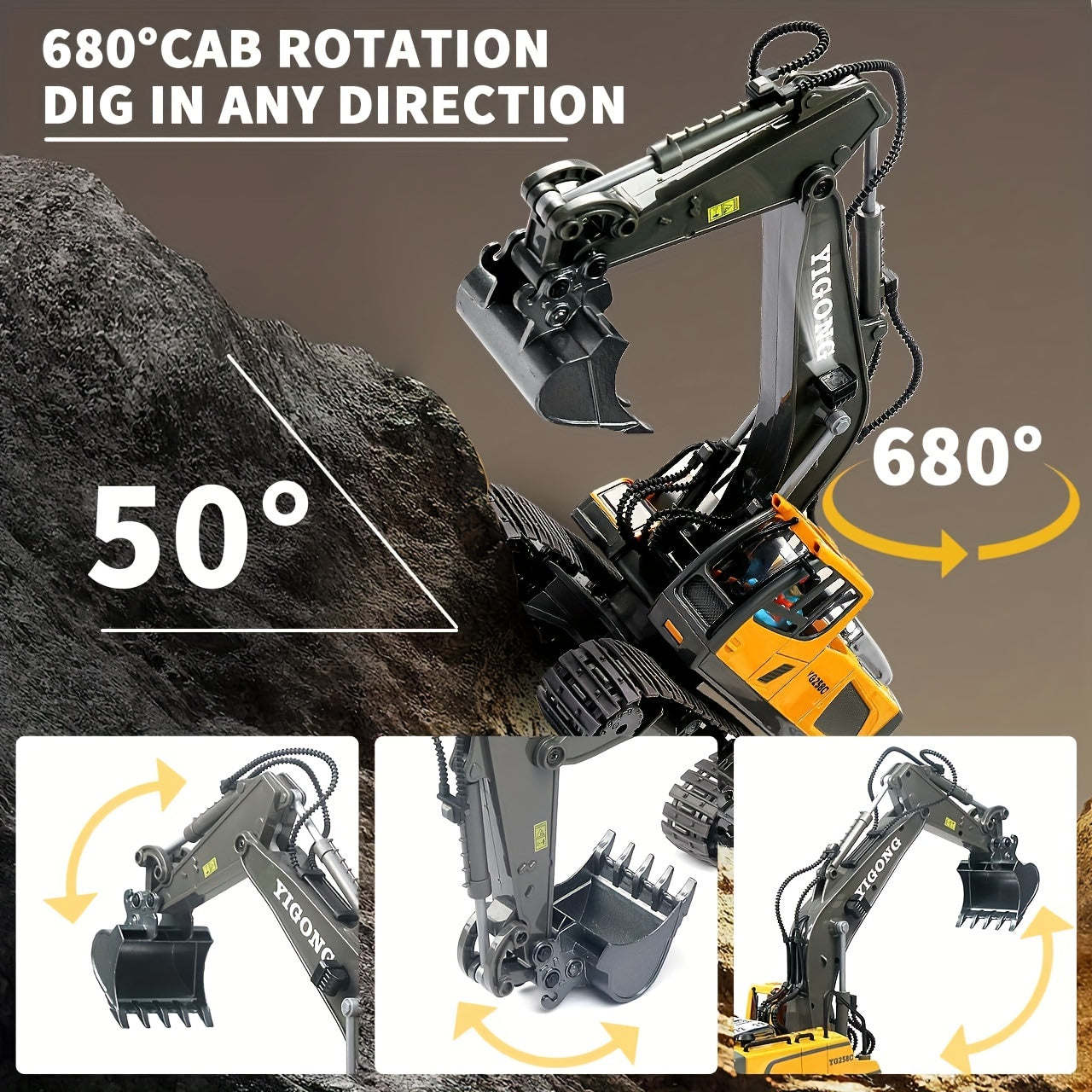 1pc 9-Channel Excavator, 2. 4Ghz RC Construction Vehicle Truck Toys with Alloy Metal Cap, Light, Sound, Rechargeable 1 Battery for Halloween Thanksgiving Christmas Gift