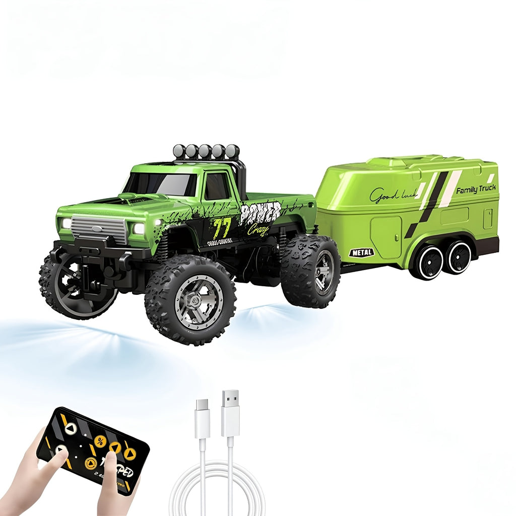 Small Die-Cast Remote-Controlled Vehicle, 1/64 Scale Mini RC Off-Road Truck with a Trailer, 2.4Ghz Climbing Vehicle, Rechargeable Die-Cast Mini RC Car with Lights, Adjustable Speed And Steering, Pocket-Sized Toy, Palm-Sized Toy