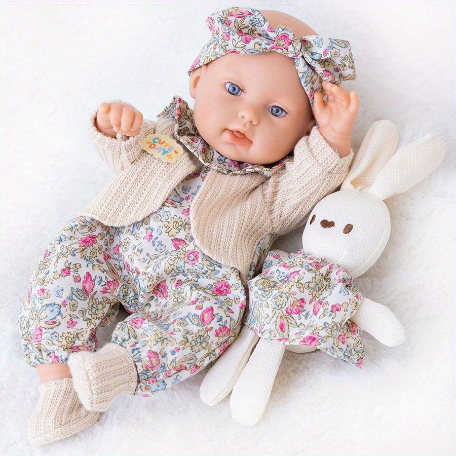 12 Inch Realistic Vinyl Doll Set, Including 1 Doll, 1 Set Of Floral Clothes, 1 Headscarf, 1 Pair Of Socks, 1 Toy Rabbit, And 1 Rabbit Skirt, Children's Toys, Suitable for Dress Up Games, Birthday Gifts, Game Gifts, Holiday Gifts, Realistic Reborn