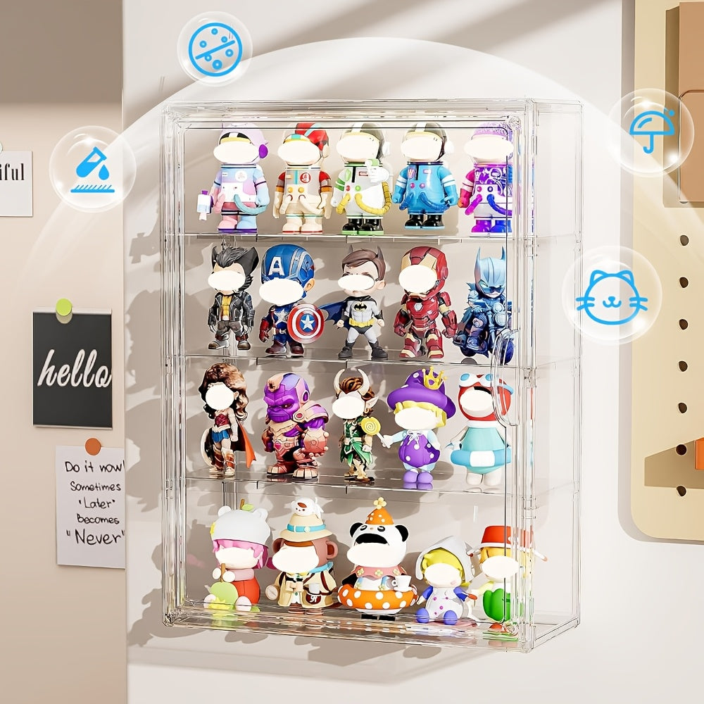 4 Tiers Wall-Mounted Acrylic Display Case | Clear Figure Display with 3 Adjustable Dividers, Magnetic Door, Dust-Proof, Large Collectibles Storage Shelf